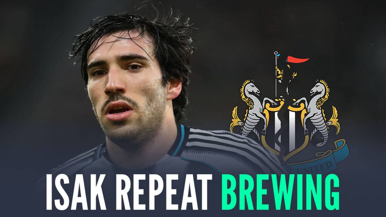 Newcastle star Sandro Tonali next to a cracked Newcastle United badge and the words 'Isak repeat brewing'