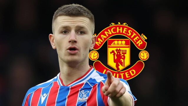 Crystal Palace midfielder Adam Wharton next to the Manchester United badge - copyright TEAMtalk