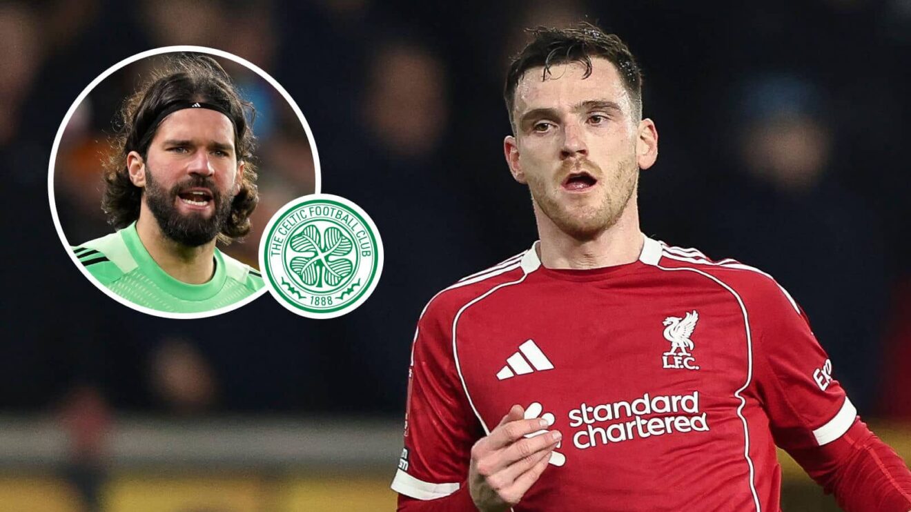 Liverpool goalkeeper Alisson, Celtic badge and Andy Robertson - copyright TEAMtalk