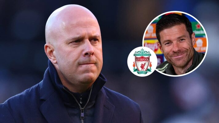 Liverpool manager Arne Slot alongside Xabi Alonso
