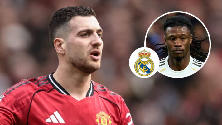 Manchester United right-back Diogo Dalot, Real Madrid badge and Eduardo Camavinga - copyright TEAMtalk