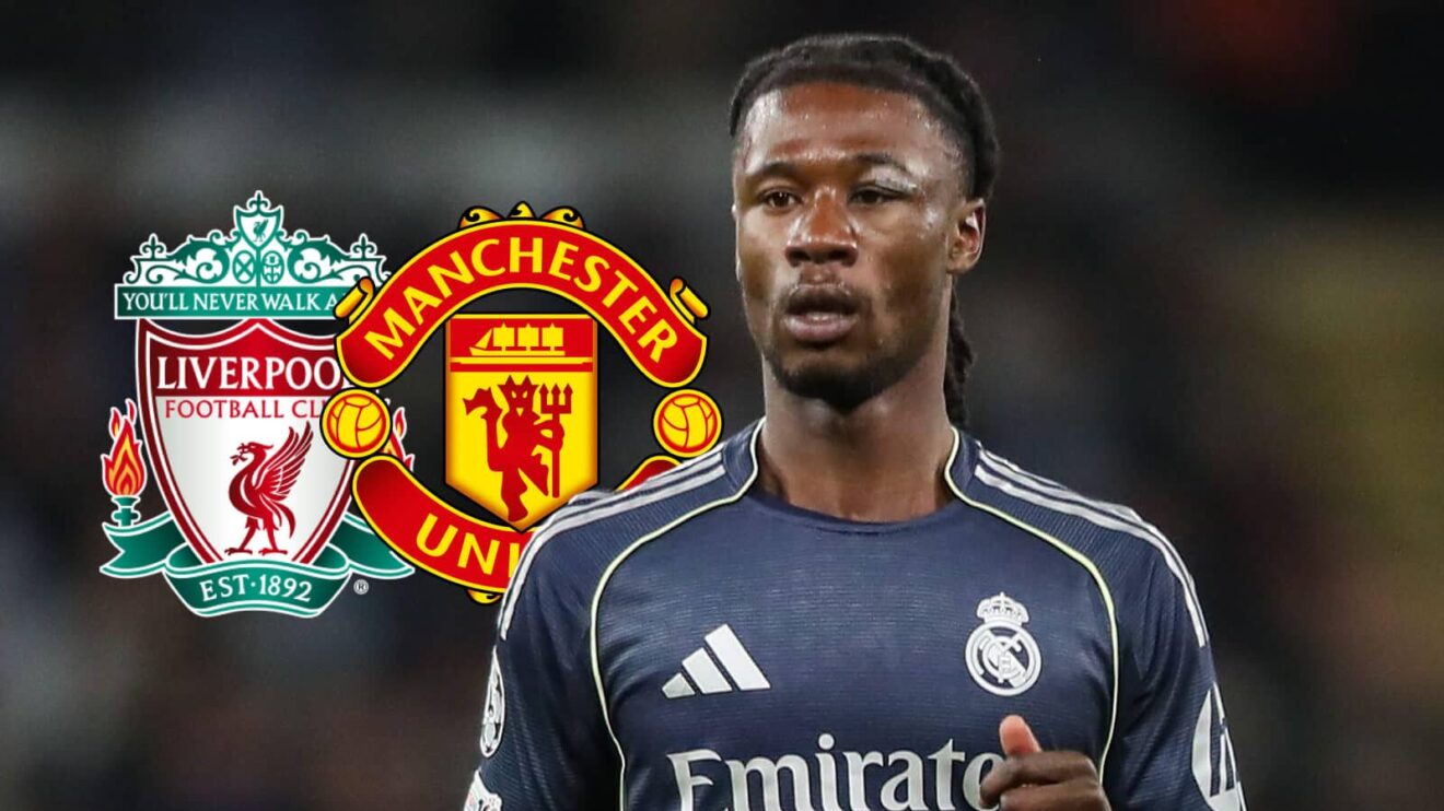 Real Madrid star Eduardo Camavinga with Man Utd and Liverpool badges