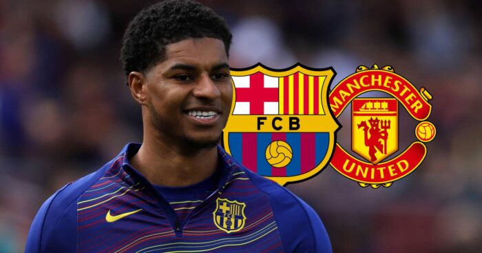 Marcus Rashford alongside Barcelona and Manchester United badges