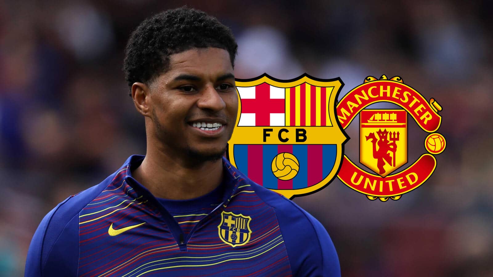Marcus Rashford alongside Barcelona and Manchester United badges