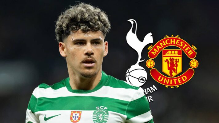 Sporting CP star Maxi Araujo with Tottenham and Man Utd badges