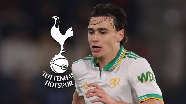 Roma star Niccolo Pisilli with a Tottenham badge