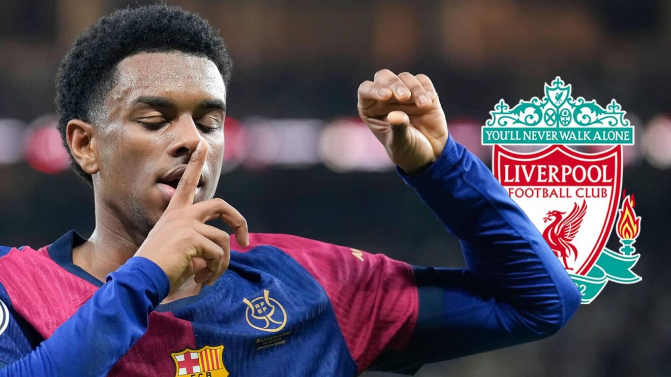 Barcelona left-back Alejandro Balde alongside the Liverpool badge - copyright TEAMtalk
