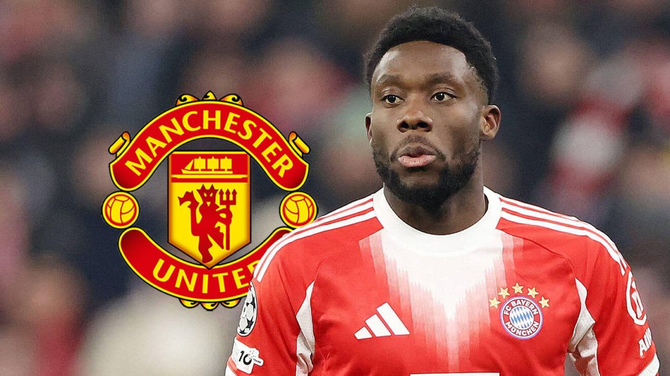 Manchester United badge and Bayern Munich left-back Alphonso Davies - copyright TEAMtalk