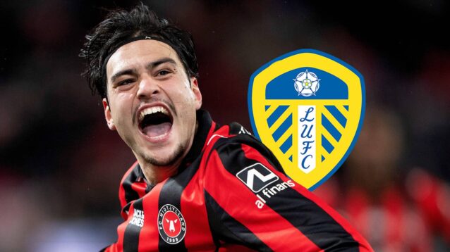 Midtjylland star Aral Simsir with a Leeds United badge