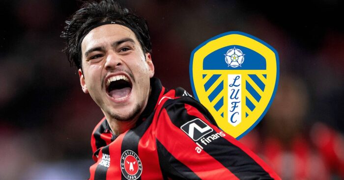 Midtjylland star Aral Simsir with a Leeds United badge