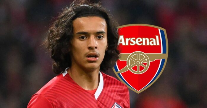Lille star Ayyoub Bouaddi, with an Arsenal badge