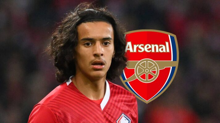 Lille star Ayyoub Bouaddi, with an Arsenal badge