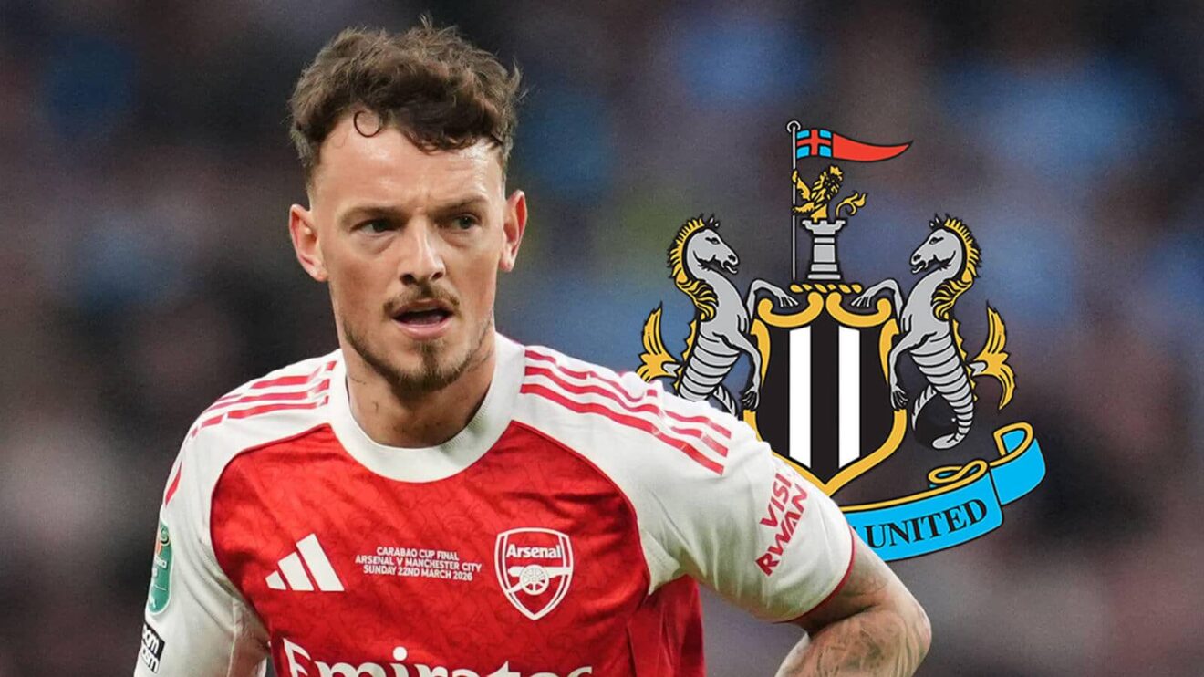 Arsenal right-back Ben White next to the Newcastle United badge - copyright TEAMtalk