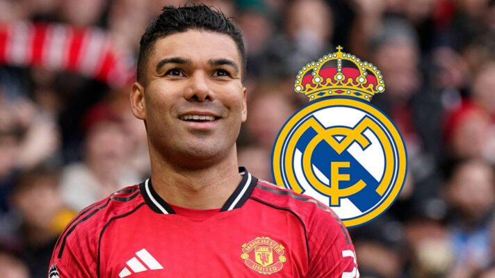 Manchester United midfielder Casemiro next to the Real Madrid badge - copyright TEAMtalk