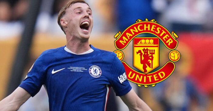 Chelsea star Cole Palmer next to the Manchester United badge - copyright TEAMtalk