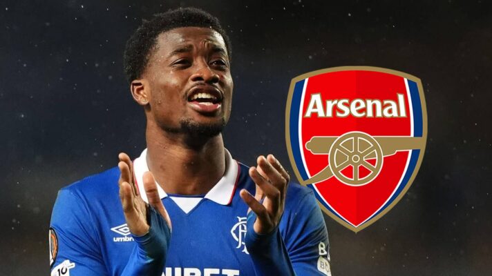 Rangers defender Emmanuel Fernandez next to the Arsenal badge - copyright TEAMtalk