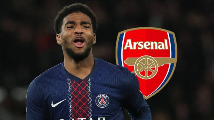 Paris Saint-Germain winger Ibrahim Mbaye next to the Arsenal badge - copyright TEAMtalk