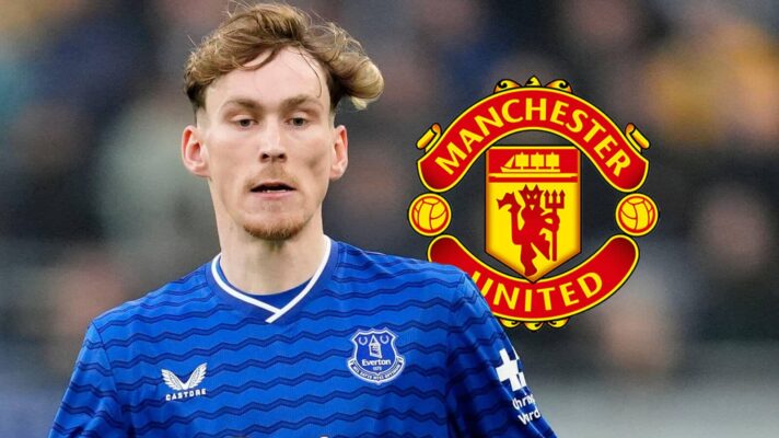 Everton midfielder James Garner next to the Manchester United badge - copyright TEAMtalk