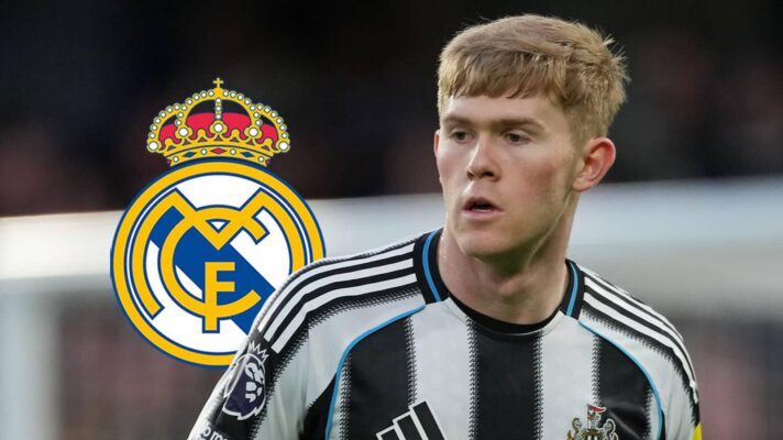 Real Madrid badge and Newcastle United left-back Lewis Hall - copyright TEAMtalk