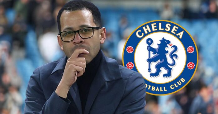 Chelsea manager Liam Rosenior next to the Chelsea badge - copyright TEAMtalk