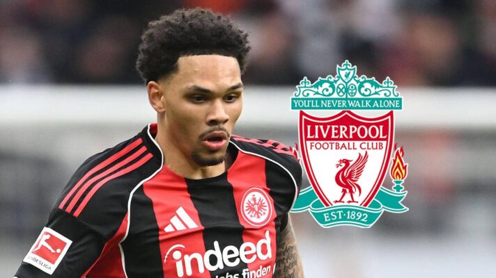 Eintracht Frankfurt defender Nnamdi Collins next to the Liverpool badge - copyright TEAMtalk