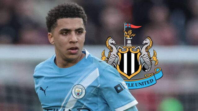 Manchester City star Rico Lewis, with a Newcastle United badge