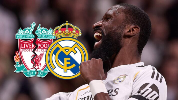 Cracked Liverpool badge, Real Madrid badge and Antonio Rudiger - copyright TEAMtalk