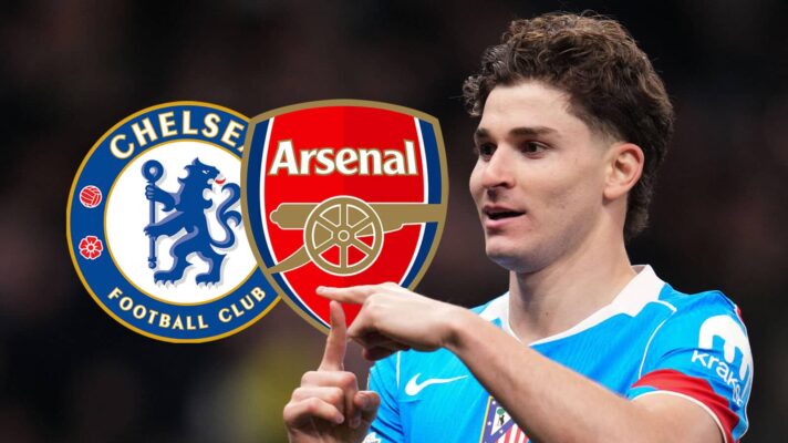 Atletico Madrid star Julian Alvarez with Chelsea and Arsenal badges