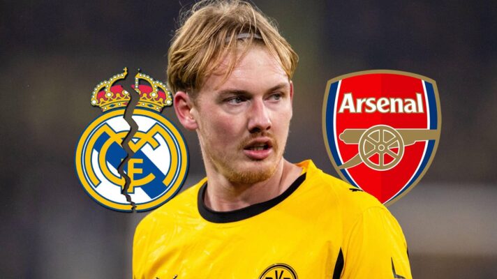Cracked Real Madrid badge, Borussia Dortmund star Julian Brandt and Arsenal badge - copyright TEAMtalk