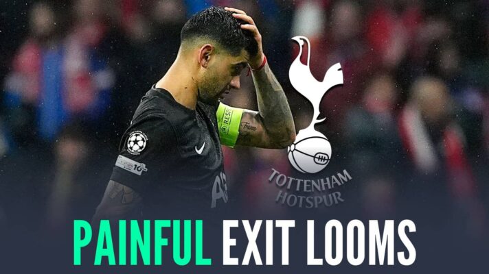 Cristian Romero next to the Tottenham Hotspur badge and the words 'painful exit looms'