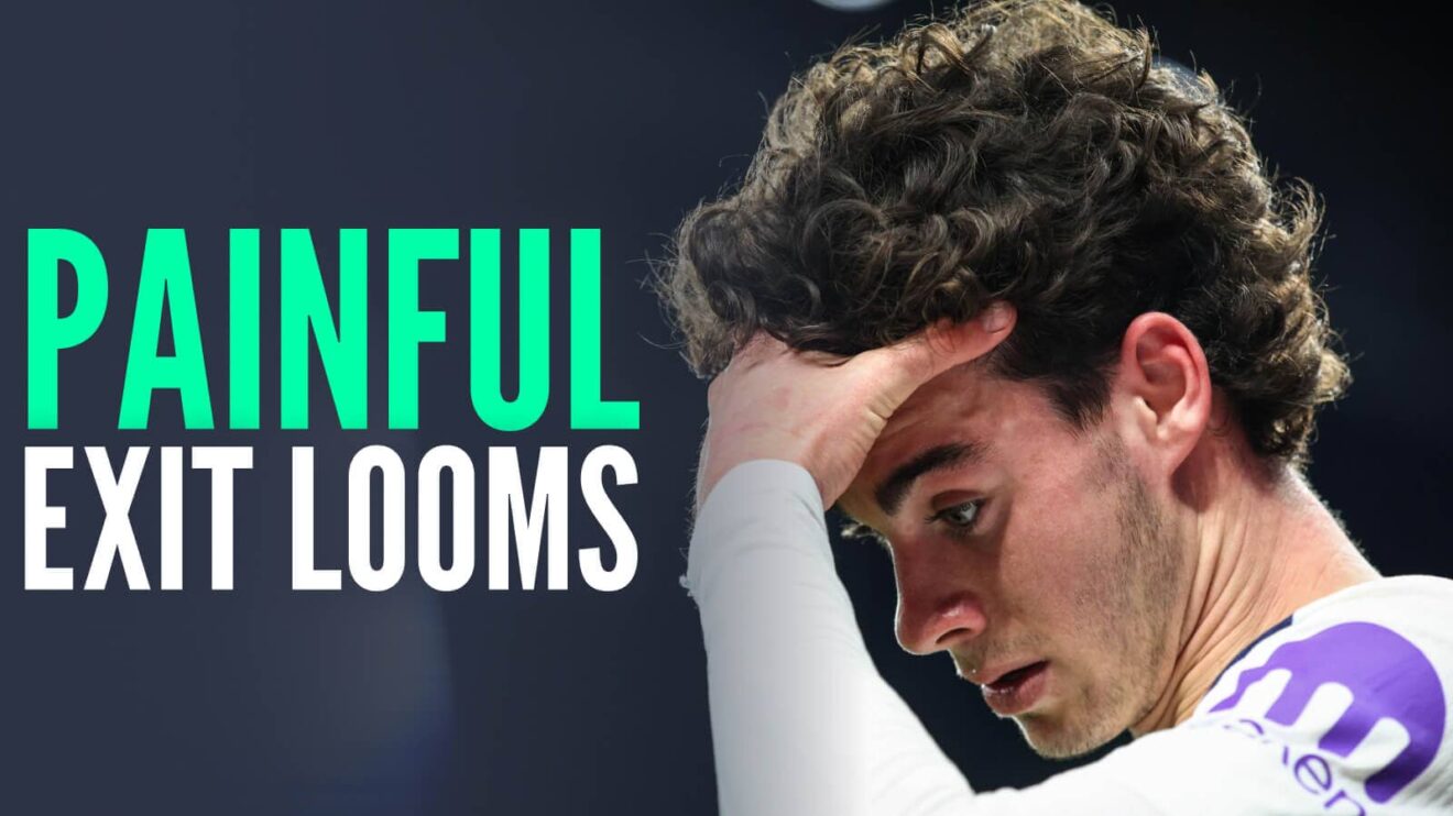 Tottenham Hotspur midfielder Arche Gray next to the words 'painful exit looms'