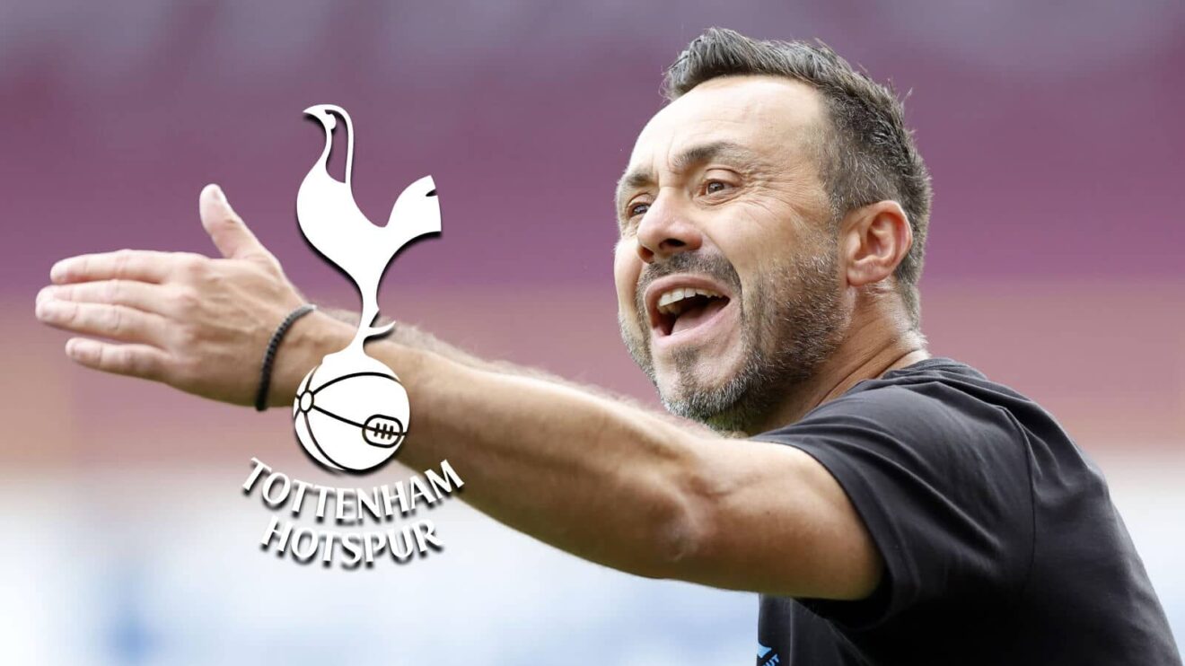 New Tottenham Hotspur manager Roberto De Zerbi next to the Tottenham Hotspur badge