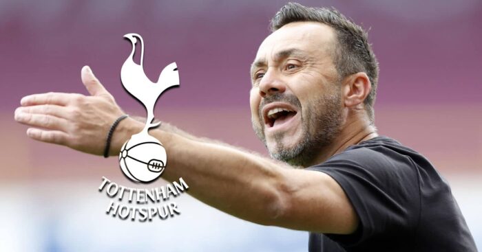 New Tottenham Hotspur manager Roberto De Zerbi next to the Tottenham Hotspur badge