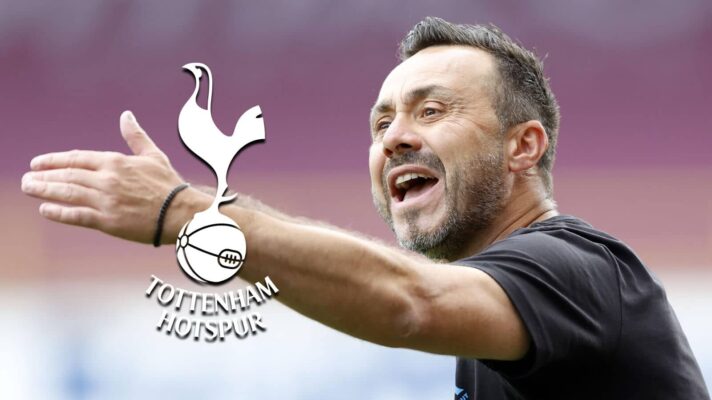 New Tottenham Hotspur manager Roberto De Zerbi next to the Tottenham Hotspur badge
