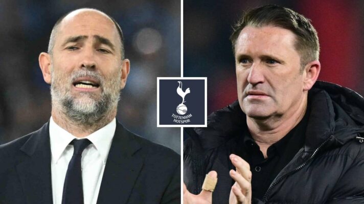 Tottenham interim manager Igor Tudor alongside Robbie Keane and the Tottenham Hotspur badge