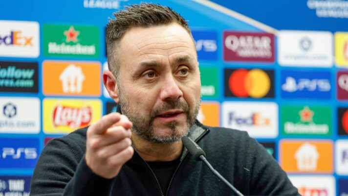 Former Marseille manager and Tottenham Hotspur target Roberto De Zerbi speaking to the press before a Champions League game