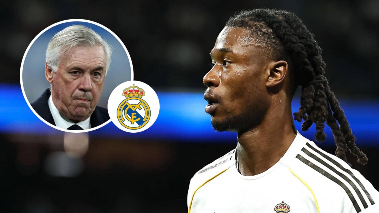 Carlo Ancelotti, Real Madrid badge and Eduardo Camavinga - copyright F365