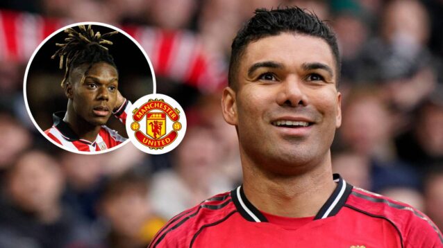 Athletic Bilbao winger Nico Williams, Manchester United badge and Manchester United midfielder Casemiro – copyright TEAMtalk