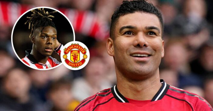 Athletic Bilbao winger Nico Williams, Manchester United badge and Manchester United midfielder Casemiro – copyright TEAMtalk