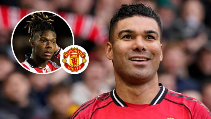 Athletic Bilbao winger Nico Williams, Manchester United badge and Manchester United midfielder Casemiro – copyright TEAMtalk