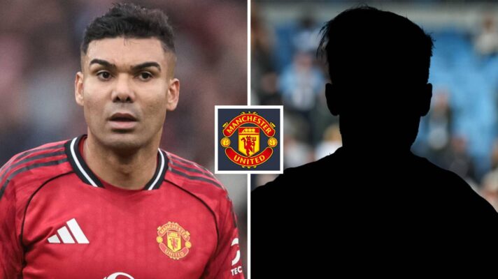 Split image of Manchester United midfielder Casemiro and a shadow with the Manchester United badge in between - copyright TEAMtalk
