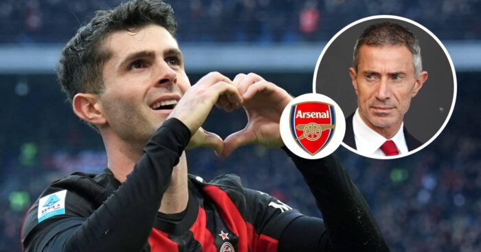 AC Milan star Christian Pulisic, Arsenal badge and Andrea Berta - copyright TEAMtalk