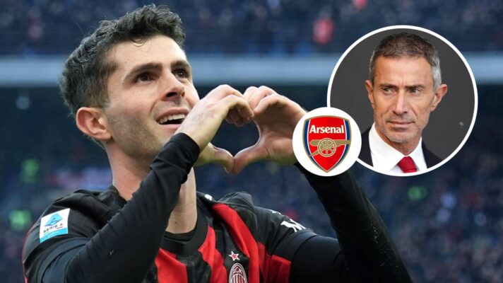 AC Milan star Christian Pulisic, Arsenal badge and Andrea Berta - copyright TEAMtalk