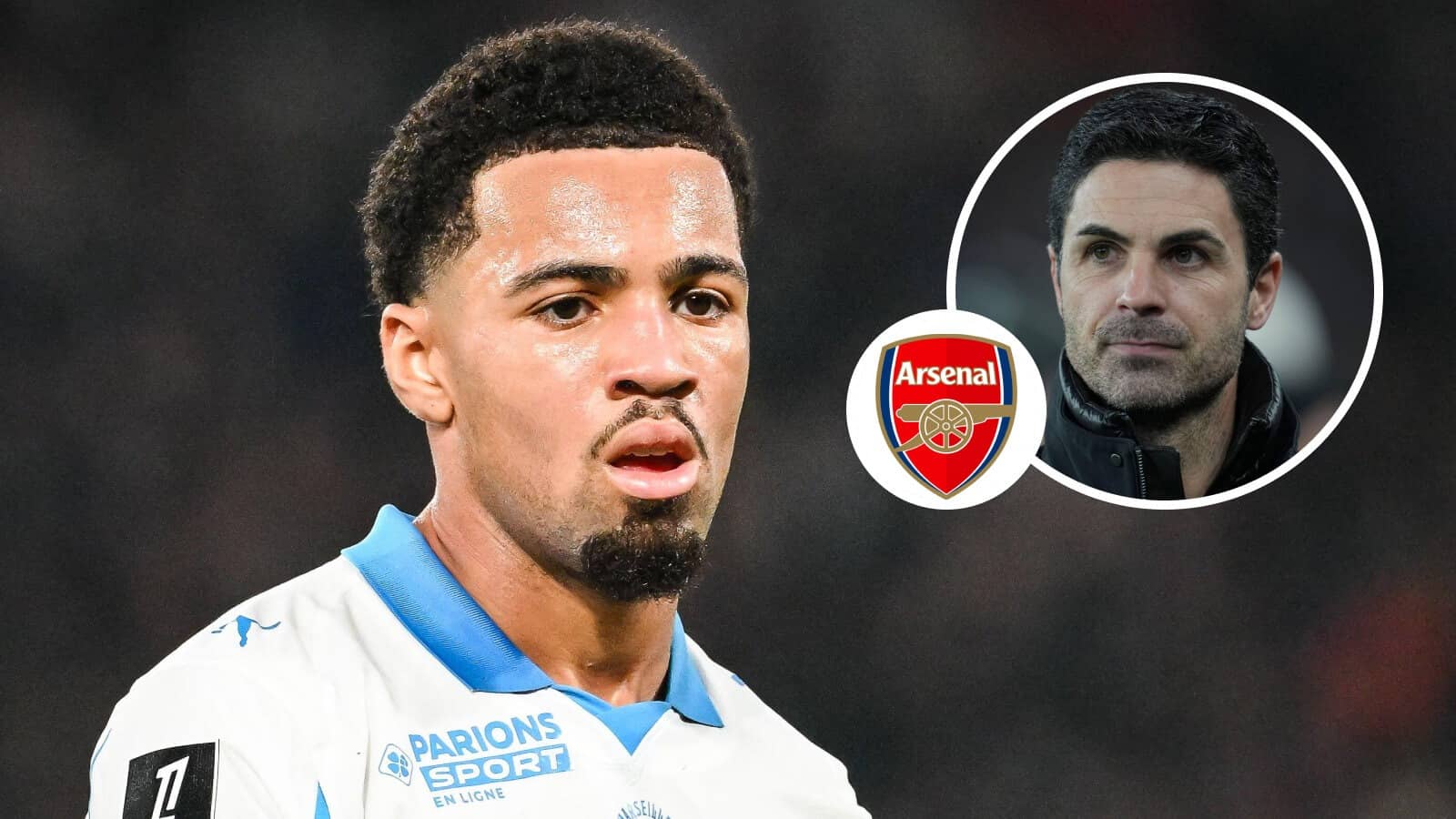 Marseille star Ethan Nwaneri, Arsenal badge and Arsenal manager Mikel Arteta - copyright TEAMtalk