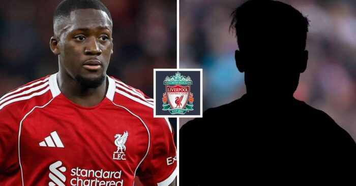 Split image of Liverpool defender Ibrahima Konate and a shadow, with the Liverpool badge in between - copyright TEAMtalk