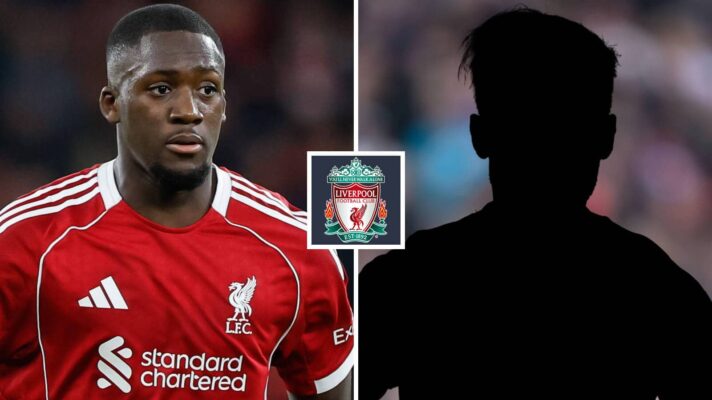 Split image of Liverpool defender Ibrahima Konate and a shadow, with the Liverpool badge in between - copyright TEAMtalk