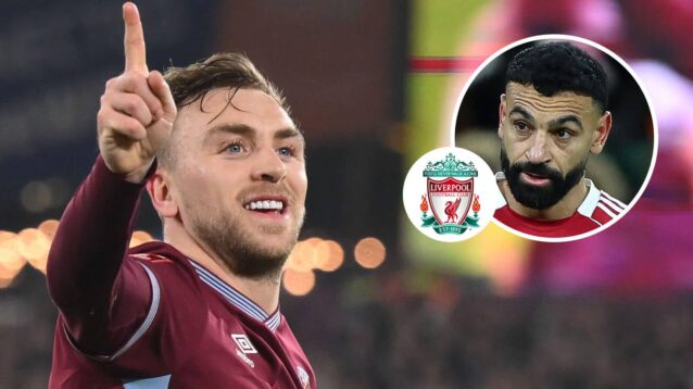 West Ham United winger Jarrod Bowen, Liverpool badge and Liverpool winger Mohamed Salah - copyright TEAMtalk