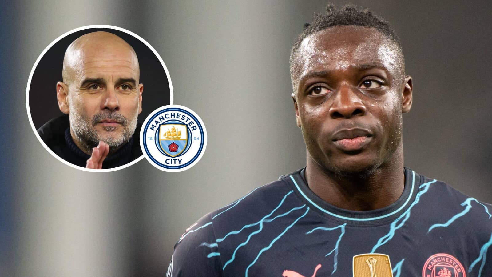 Pep Guardiola, Manchester City badge and Jeremy Doku – copyright TEAMtalk