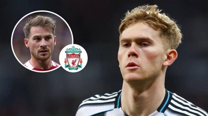 Alexis Mac Allister, Liverpool badge and Newcastle United left-back Lewis Hall - copyright TEAMtalk