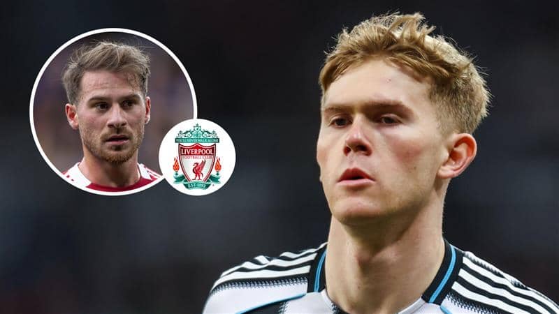 Alexis Mac Allister, Liverpool badge and Newcastle United left-back Lewis Hall - copyright TEAMtalk